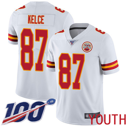 Youth Kansas City Chiefs #87 Kelce Travis White Vapor Untouchable Limited Player 100th Season Football Nike NFL Jersey